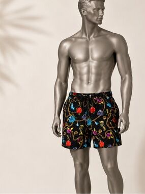 Men’s European Baroque Swim Shorts Rose Chain Print Beach Vacation Trunks